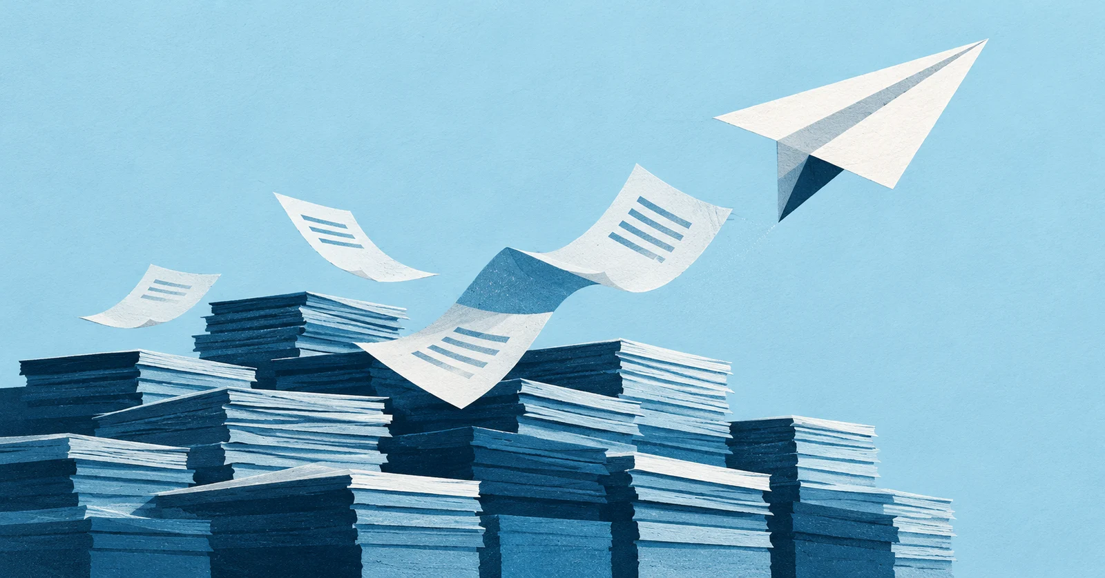 A white paper plane rises above stacks of generic company documents, in navy and pale blue.